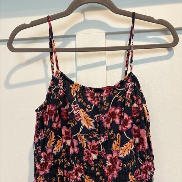 Boho Bloomcore Dress Women Small Navy Linen Blend Sundress Tiered Midi Pockets - Picture 4 of 15